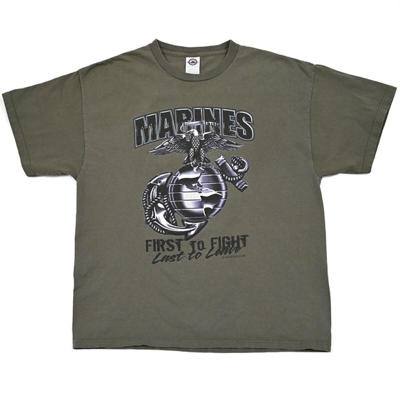 Vintage Marines T‎ Shirt Y2K XL First to Fight Last to Leave Olive Semper Fi - Picture 1 of 9